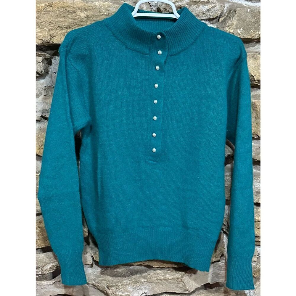 Women's Vintage Yarn Works Blue Sweater Faux Pearl Knit Lambswool Angora Size Sm
